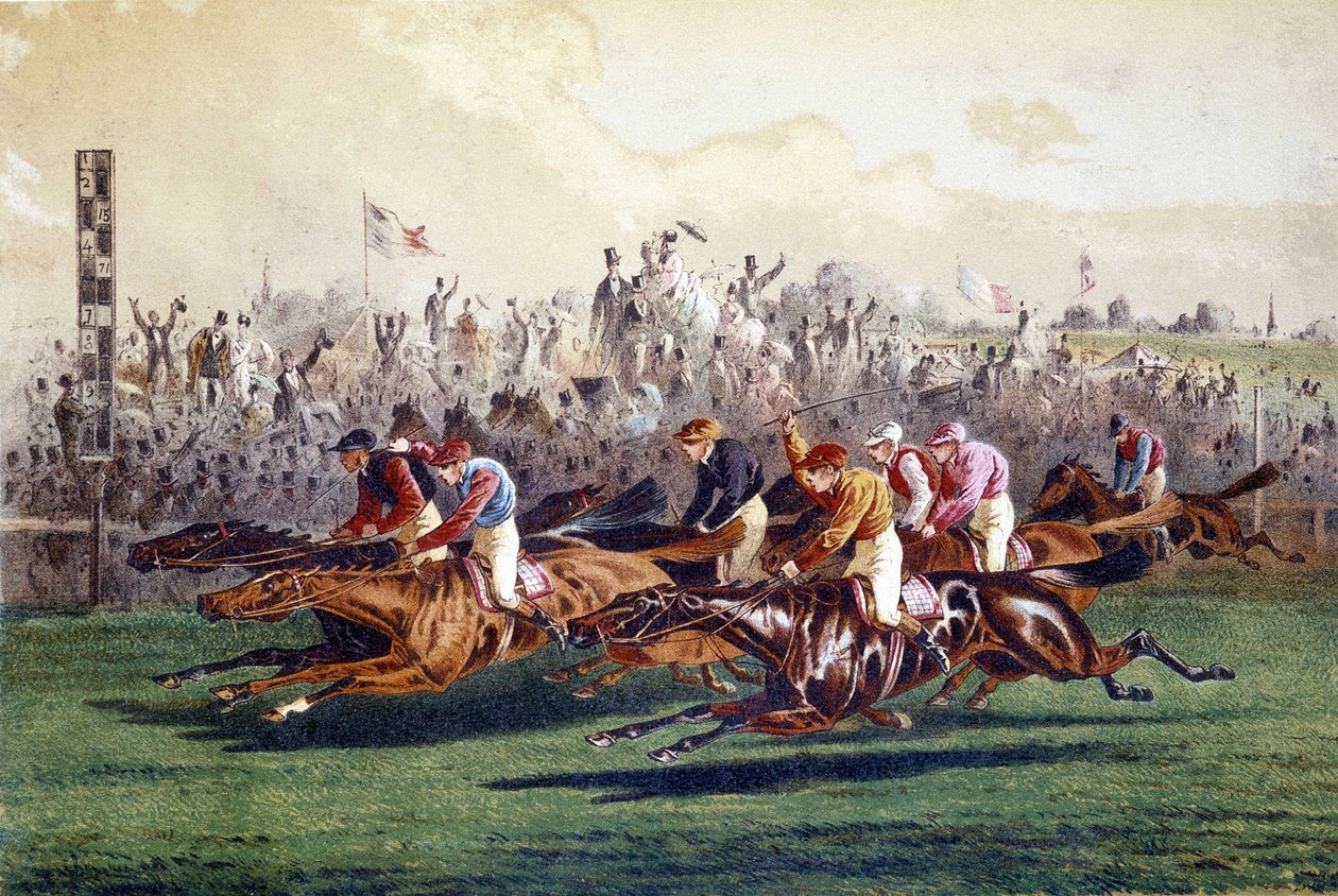 Ankomst av en hästkapplöpning. 1800-talsillustration. av Unknown artist
