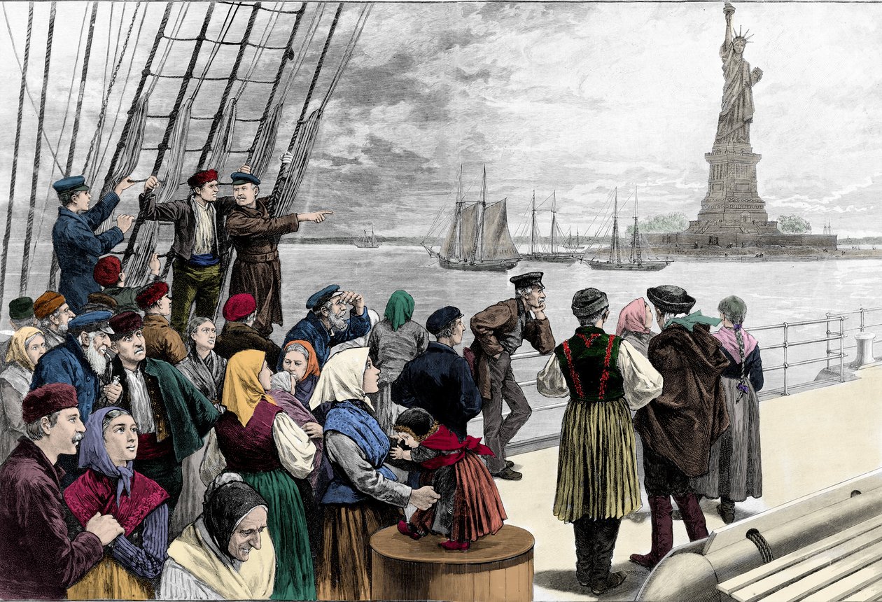 När familjer till emigranter anländer till hamnen i New York, är statyn av frihet synlig. Gravyr från "" Harper