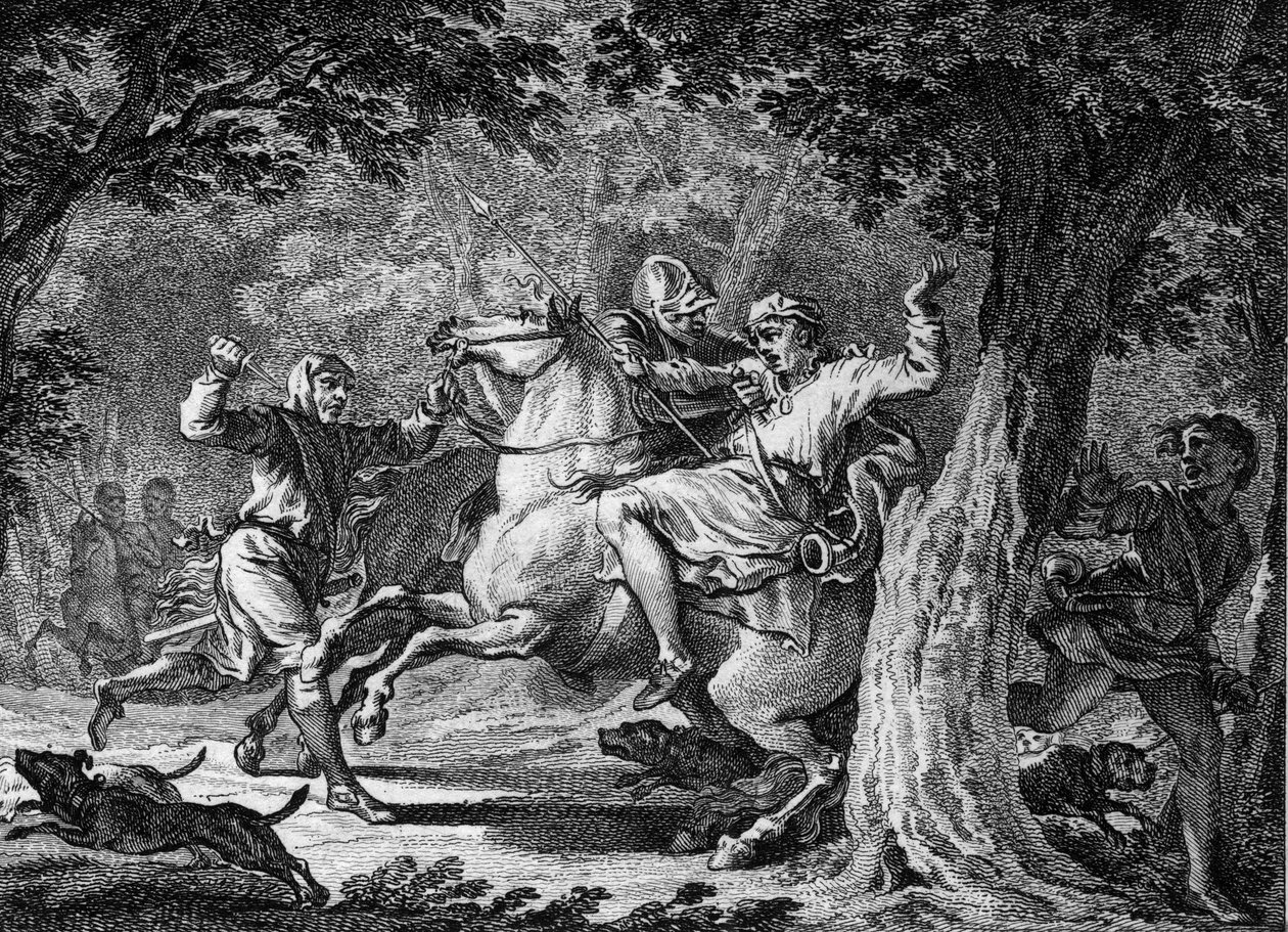 Mordet på Childeric II, 675: Frankernas kung (cirka 653-675) dödades i skogen i Lognes av Bodillon, en herre som han hade piskat. Gravyr av 1700-talet. av Unknown artist
