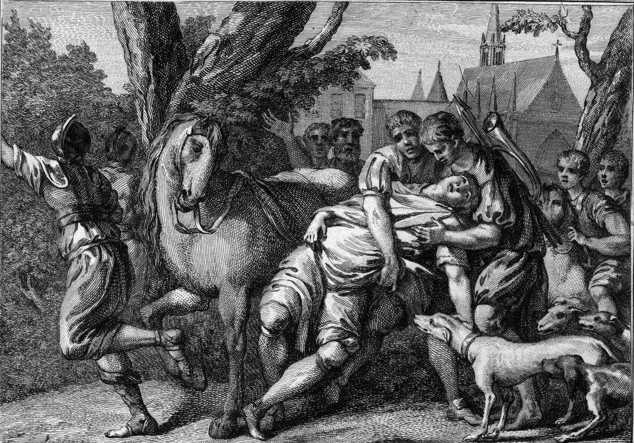 Mordet på Chilperik I (539-584), kung av Neustrien, sponsrad av hans hustru, drottning Fredegonde (ca 545-597), 584. Gravyr från 1700-talet. av Unknown artist
