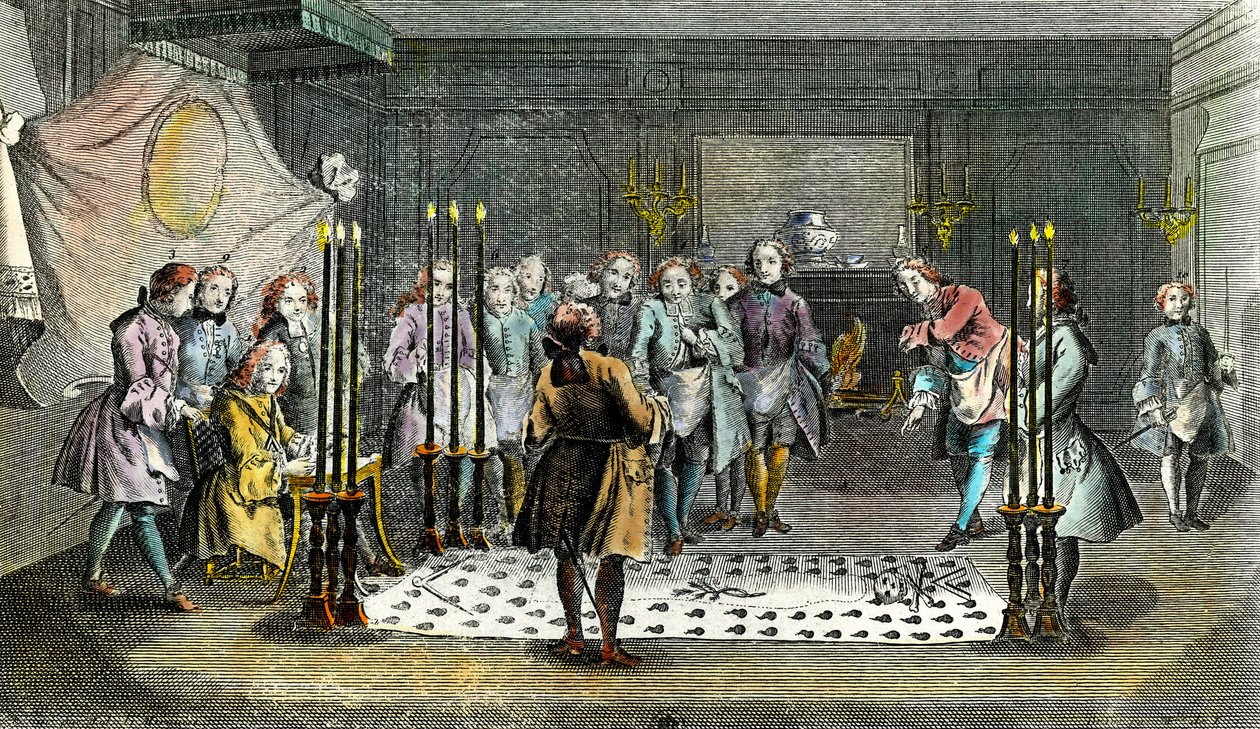 Montering av Francs Macons för mottagande av mästare Gravyr omkring 1750 Privat samling av Unknown artist