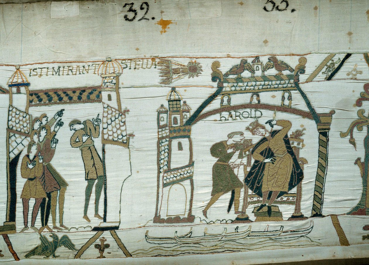 Astrologer rapporterar utseendet på kometen (Halley), pressande av olycka för Harold, knappt kronad kung av England. Detalj av gobelängen av Bayeux eller broderi av drottning Mathilde av Unknown artist