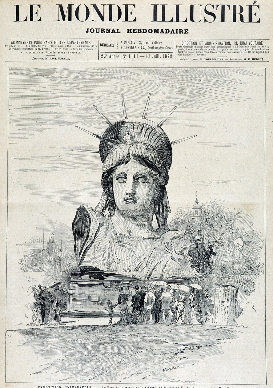 Vid världsutställningen 1878: chefen för Frihetsgudinnan av Mr Bartholdi, avsedd för New Yorks hamn - i "" The Illustrated World"" av 13/07/1878 av Unknown artist