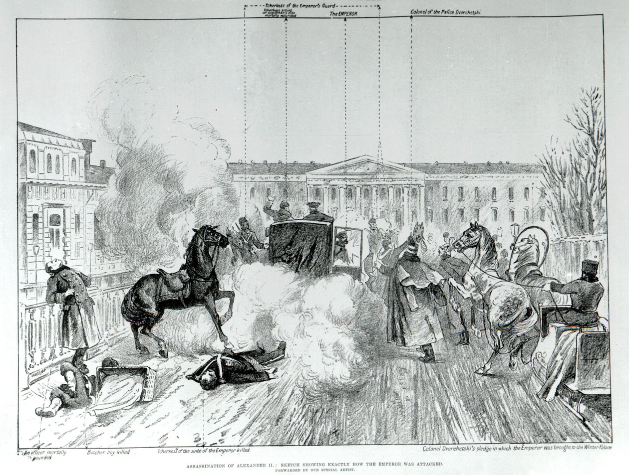 Attack på tsar Alexander II (1818 - 1881) 1881. av Unknown artist