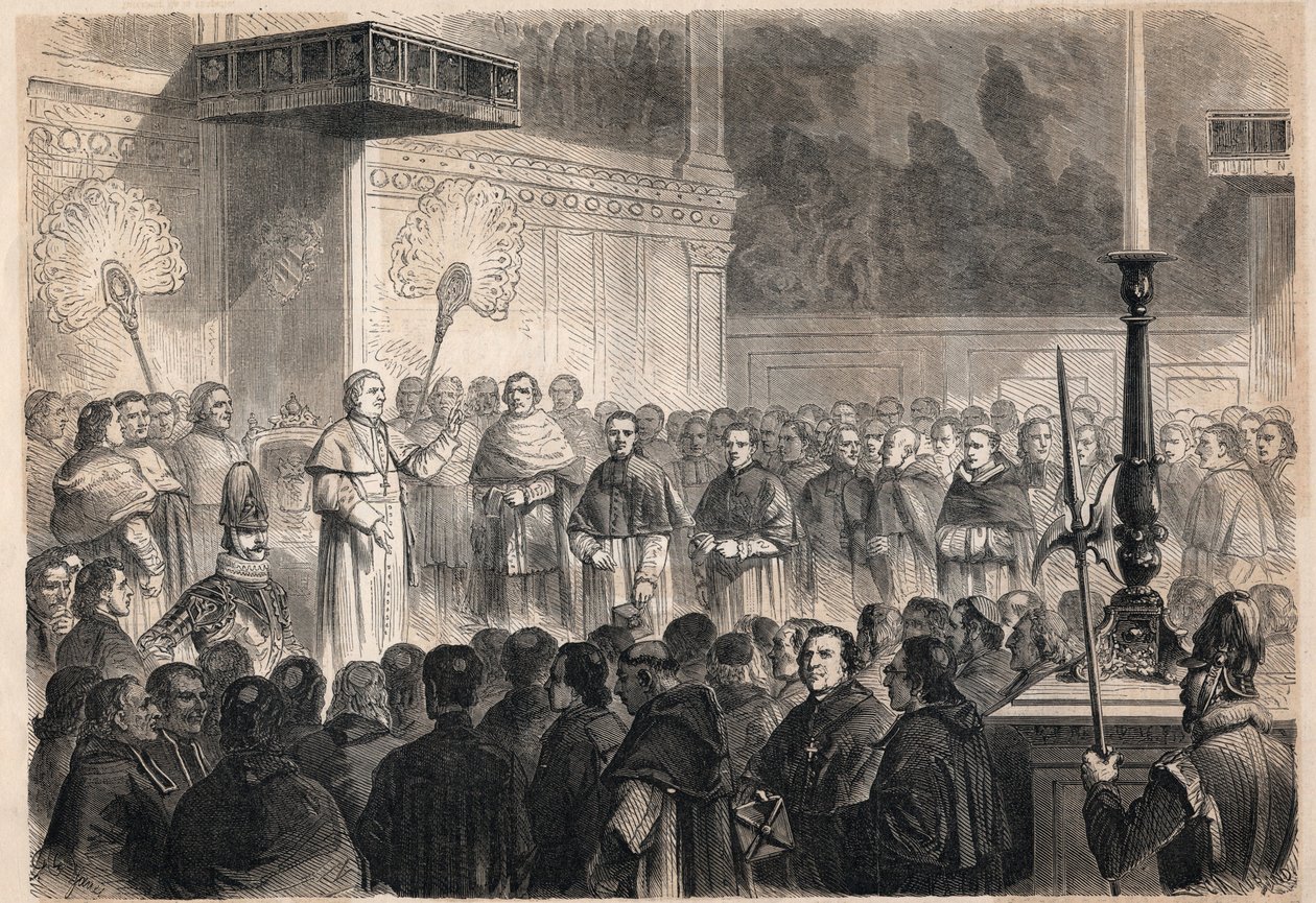 Audiens gavs av påven Pius IX (Pio) (1792-1878) till utländska kyrkliga i Sixtinska kapellet (cappella sistina) i Rom med anledning av firandet av helgonförklaringen av de 26 "martyrerna av Japan", en grupp katoliker som korsfästes i Japan 1597 av Unknown artist