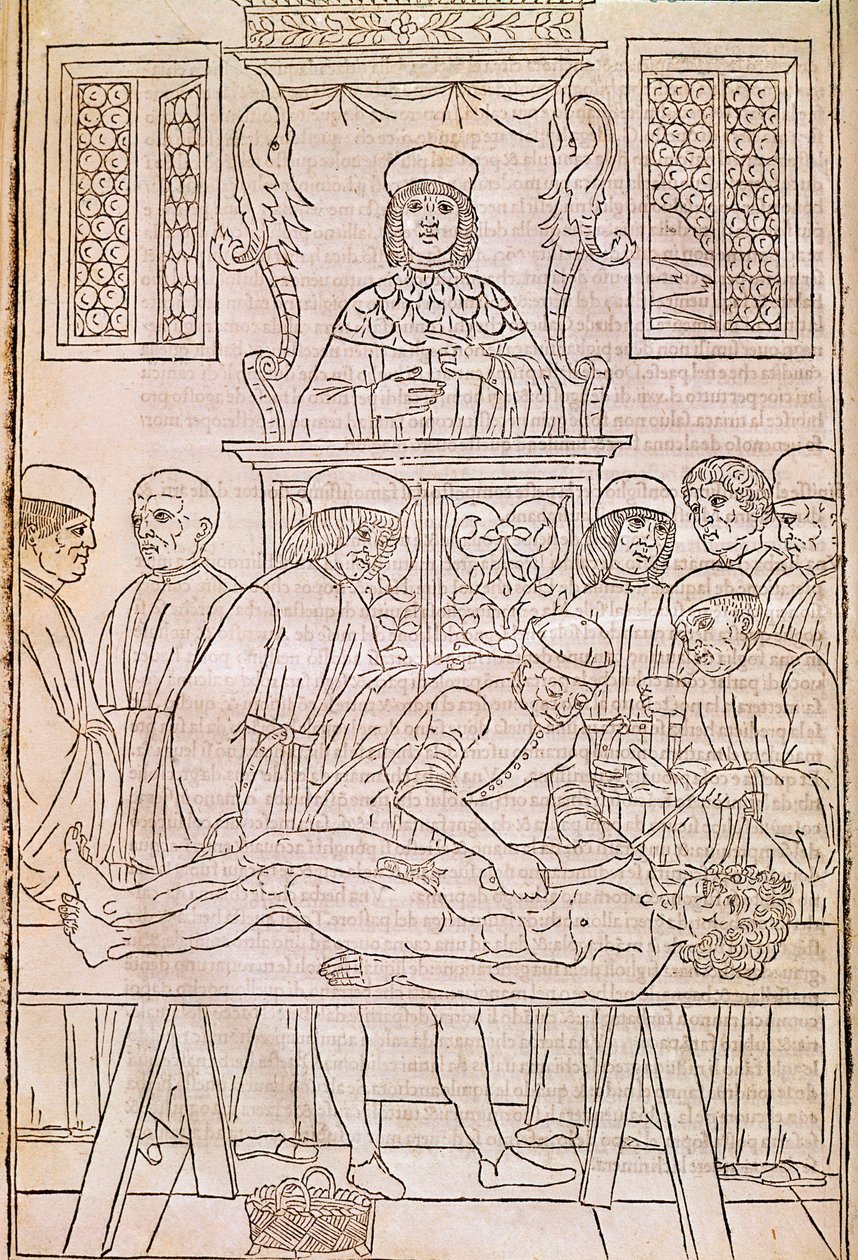 Obduktion. Codice. Kroppen av en död man dissekerar av läkare för en anatomistudie. “” Fasciculus Medicinae””. Codex för en doktors fascikel av Johannes Kethan av Unknown artist