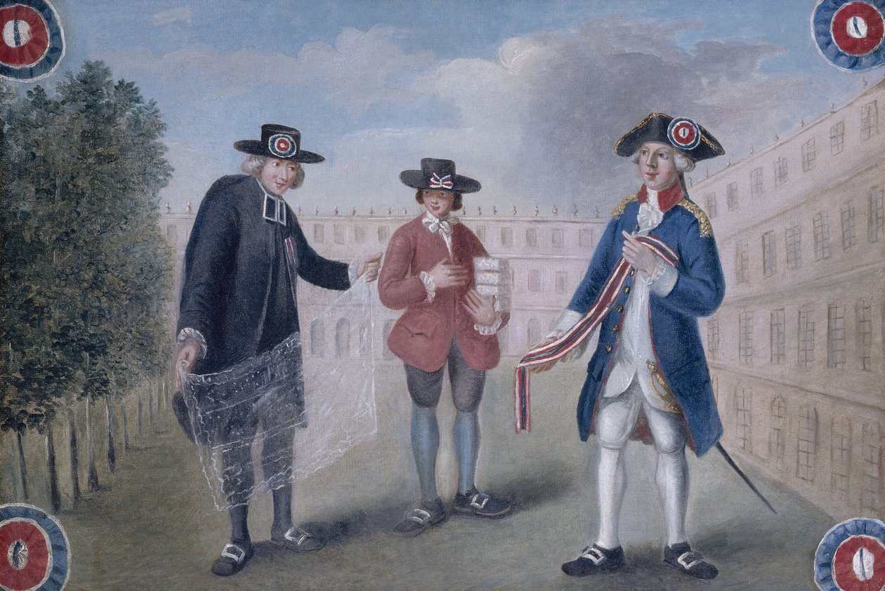 Aux trois ordres. Skylt för en kokardhandlare i Palais-Royal. Palais-Royal av Unknown artist