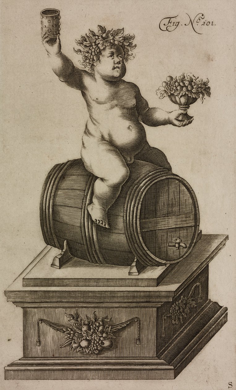Bacchus på tunna, skyltdocka för att skjuta upp fyrverkerier, gravyr från Grand Art d