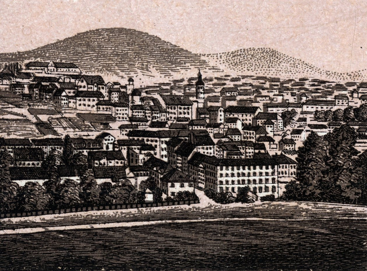 Baden Baden (Baden-Baden), Tyskland: utsikt över staden (allmän vy). i "" Världen illustrerar 168 vyer"" Odaterat (slutet av 1800-talet) av Unknown artist
