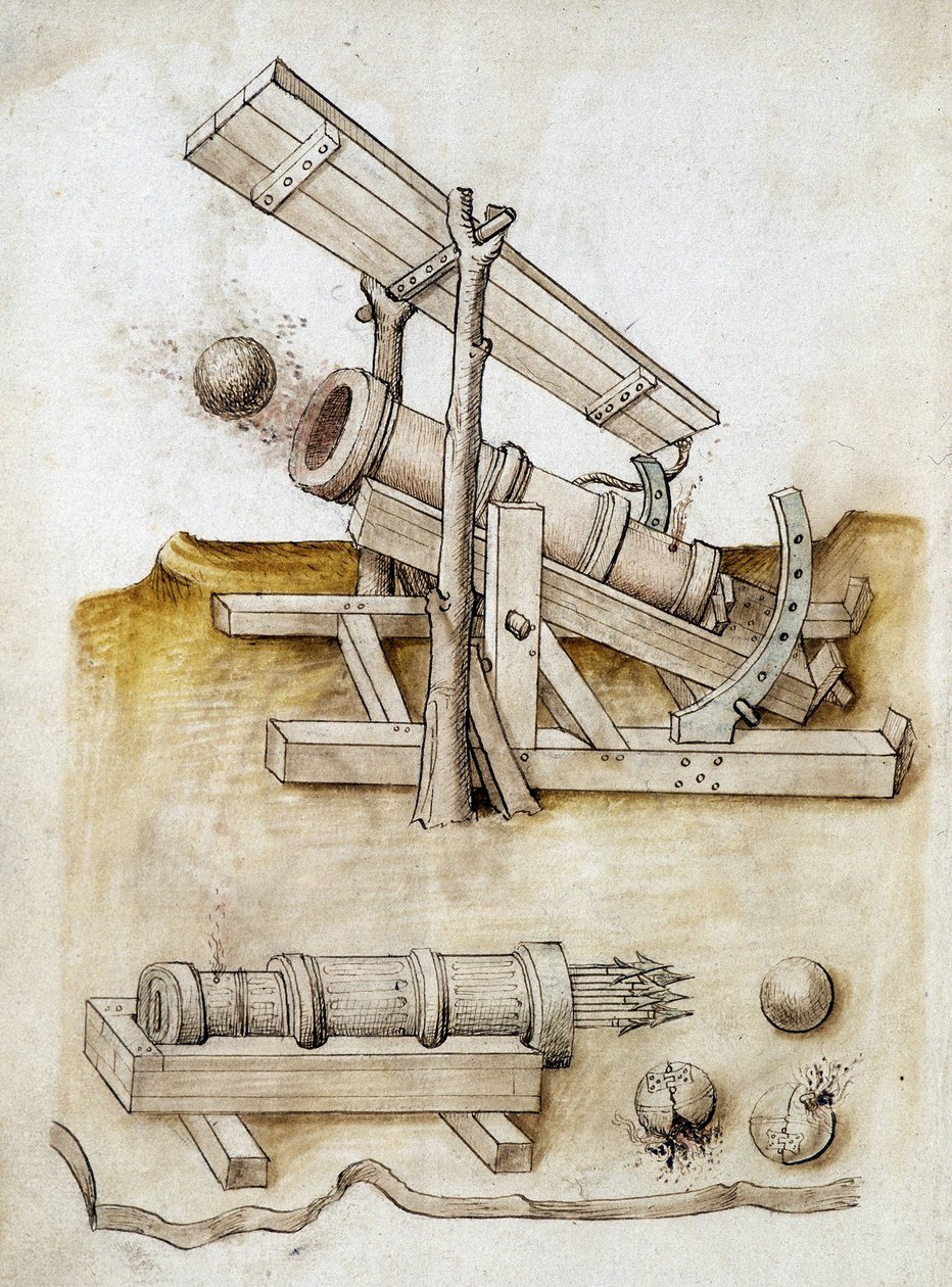 Kulpistol och pilpistol - Manuskript: pergamentark av en ingenjörsmanual för konstruktion av civila, religiösa och militära byggnader, anonym, sent 1400-tal (figur med kinesiskt bläck) av Unknown artist