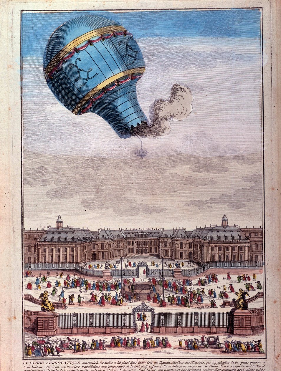 Ballongflygning: upplevelse av bröderna Montgolfier framför slottet i Versailles i september 1783. Gravyr från 1700-talet. Paris, B.N. av Unknown artist