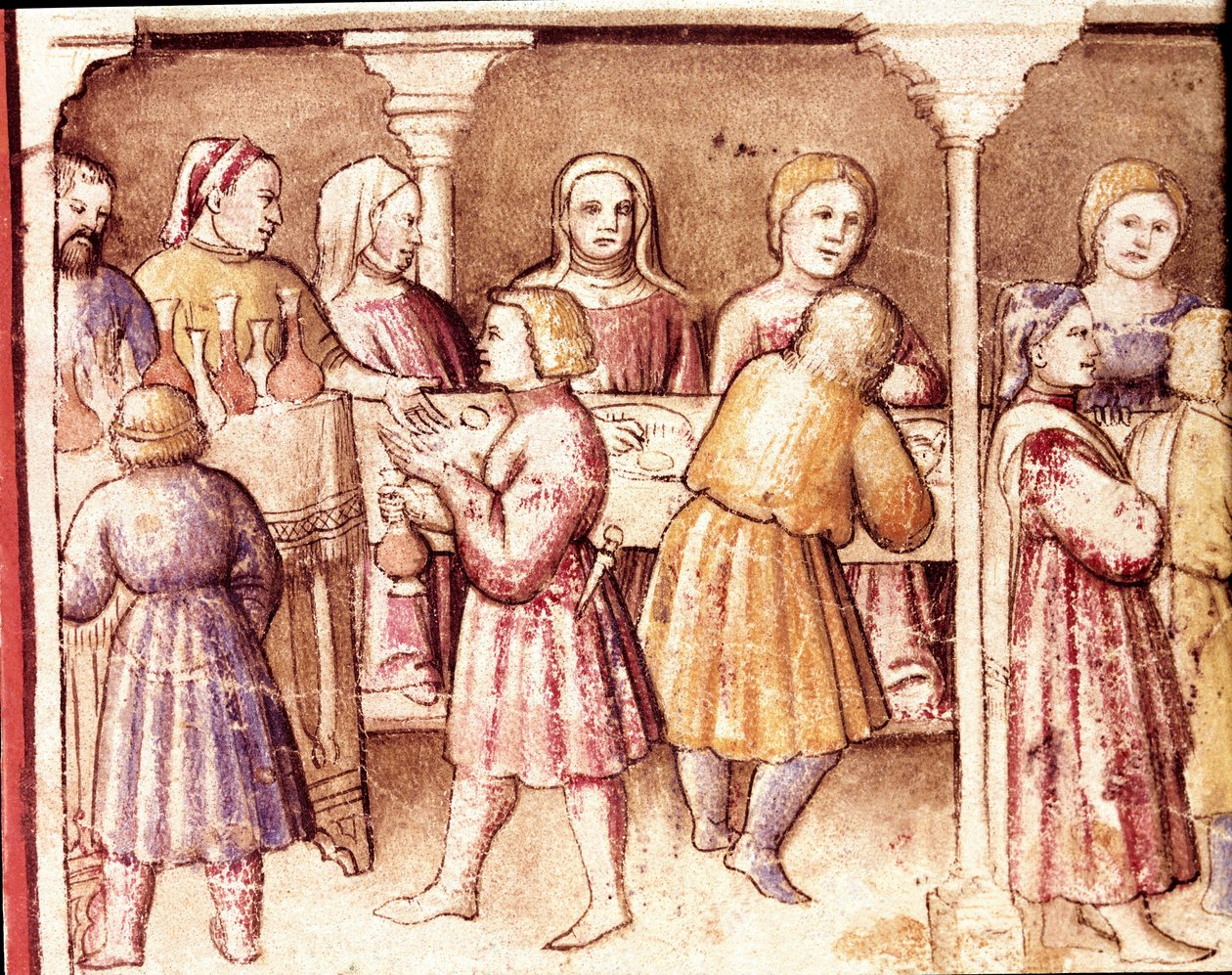 Bankettscen i en rik herrgård i Padua Miniature från codex 212 (eller padovano codex eller Bible of Padua) 1390-1400 Rovigo, Accademia dei Concordi av Unknown artist