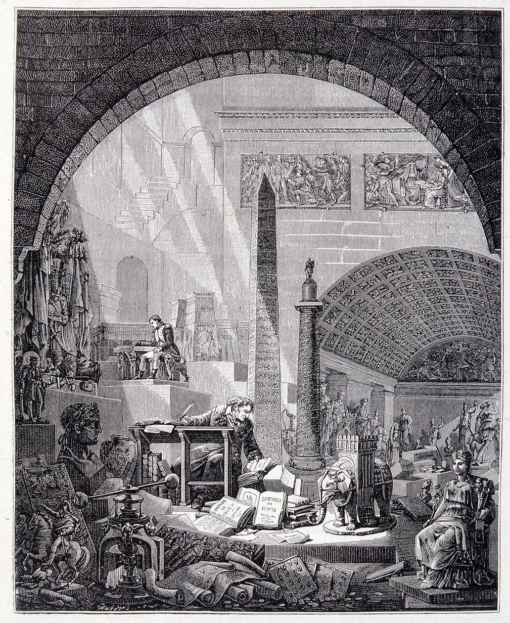 Baron Dominique Vivant-Denon (Vivant denon) på sitt kontor, omgiven av konstföremål och Napoleon av Unknown artist