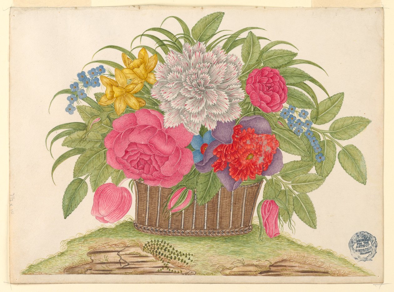 Korg med blommor och löv på jorden av Unknown artist