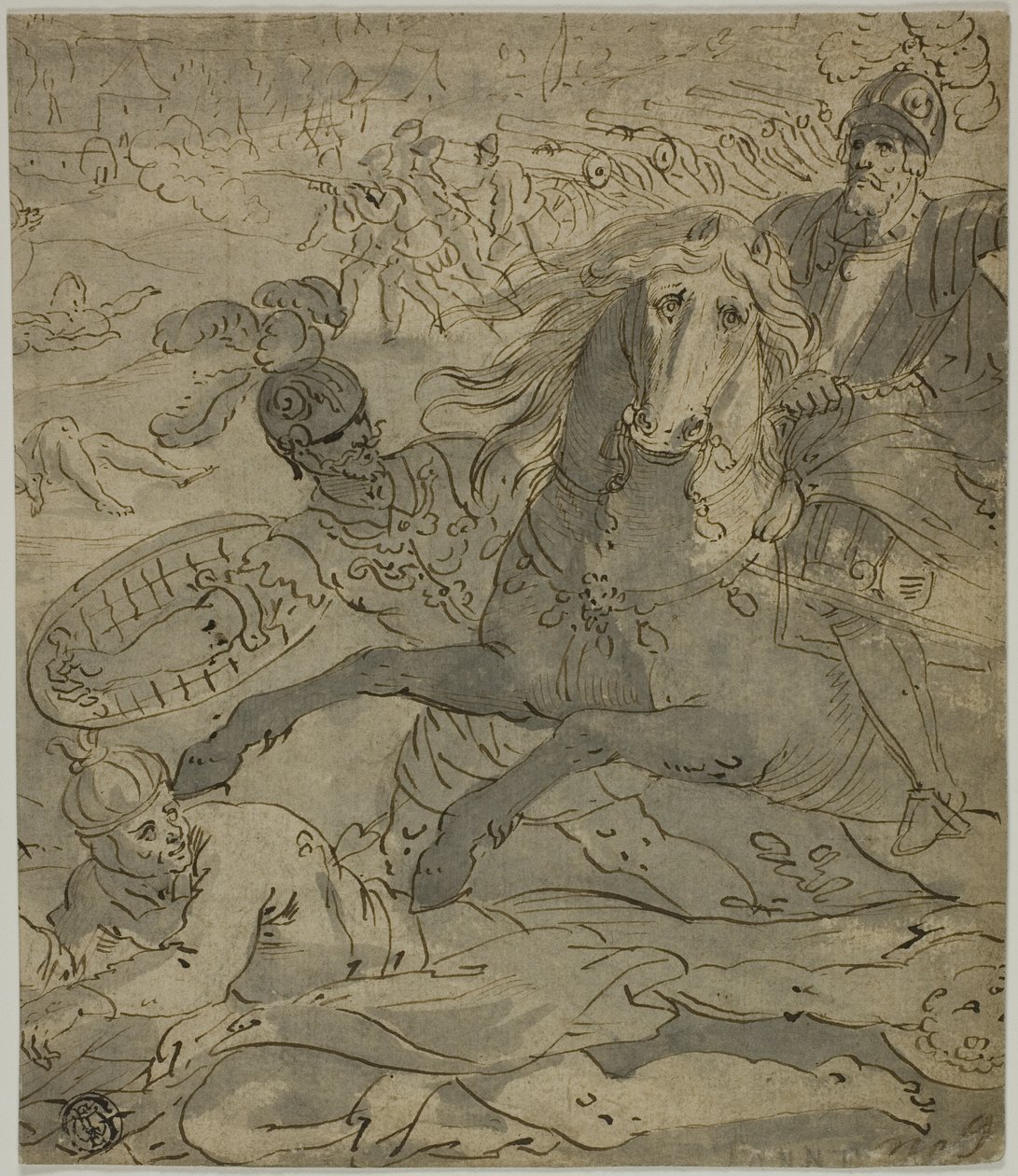Stridsscen med laddningsgeneral till häst i förgrunden, artilleri och kanoner i bakgrunden av Unknown artist