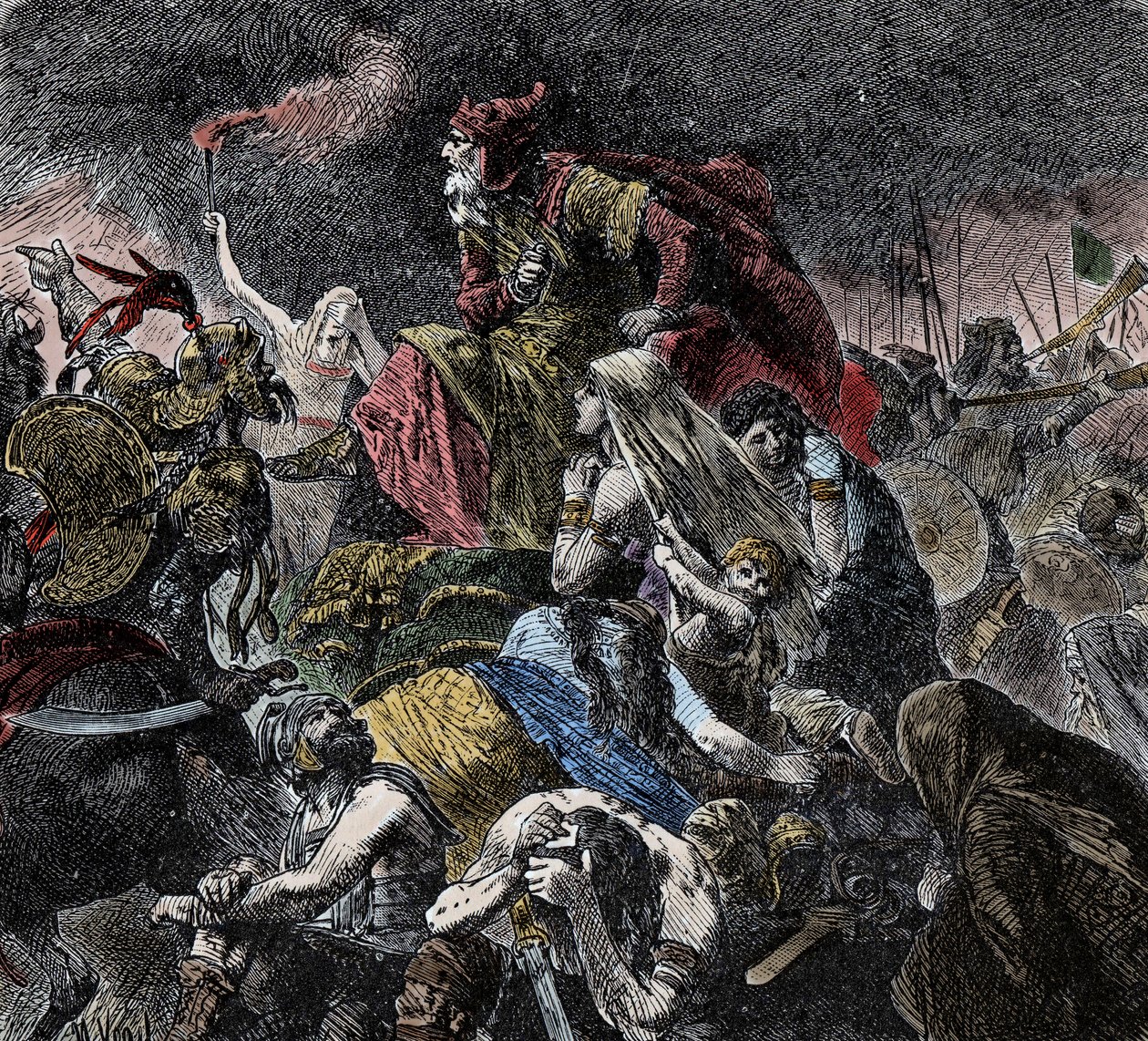 Slaget vid Catalaunique Fields, där romarna, frankerna och västgoterna återförenades satte attilas huns och östgoterna nära Troyes, gryning - barbariska invasioner - (Slaget vid de katalanska slätterna eller slaget vid Chalon eller slaget vid Maurica, ägde av Unknown artist