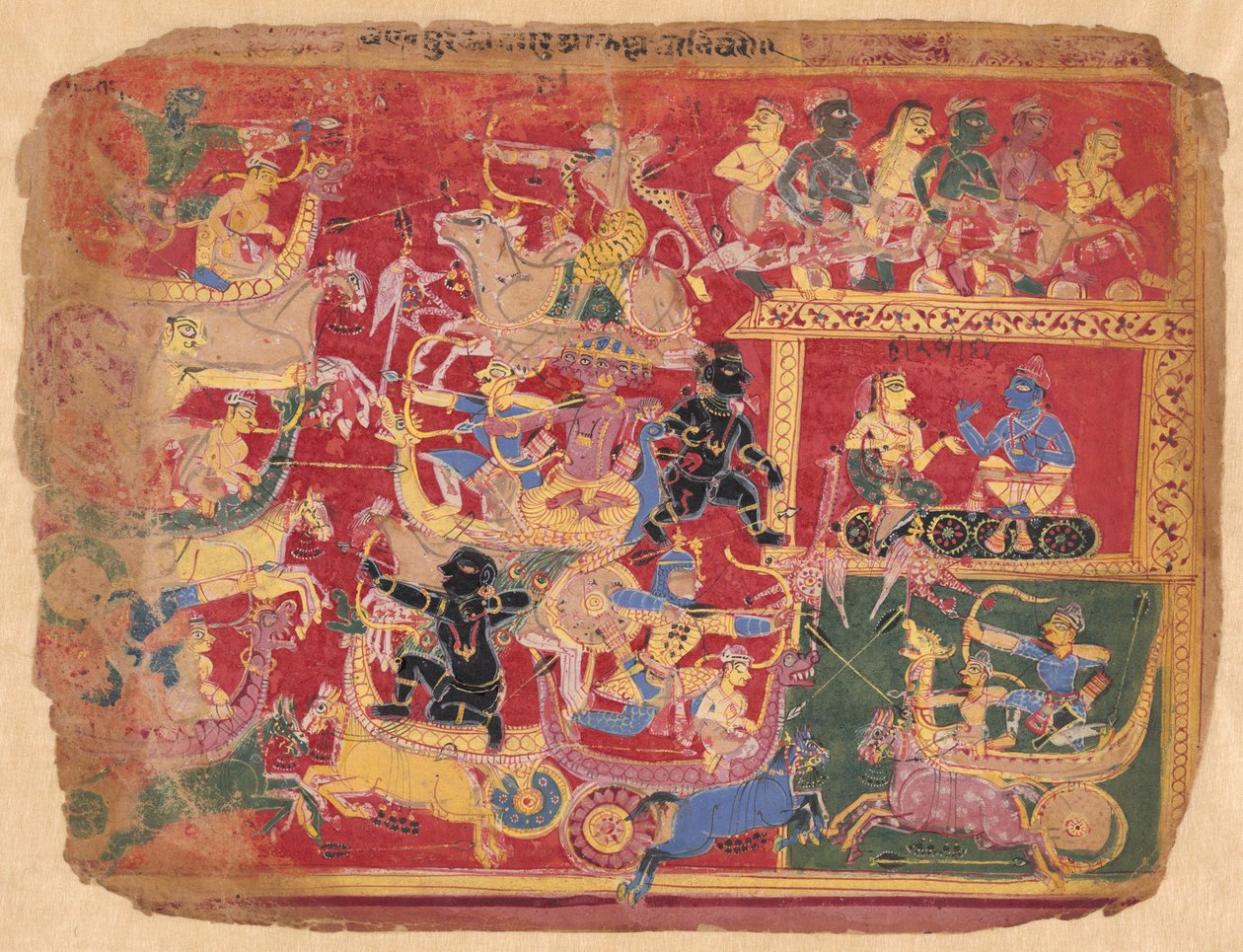 Slaget mellan Krishnas och Banas styrkor, från en kopia av den spridda Bhagavat Purana av Unknown artist