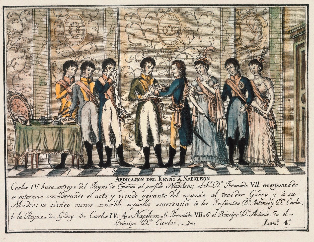 Bayonnes intervju 1808 efter upproret av Aranjuez, där kung Karl IV av Spanien abdikerade tronen till Napoleon I före hans son Ferdinand VII (Fernando VII) av Unknown artist