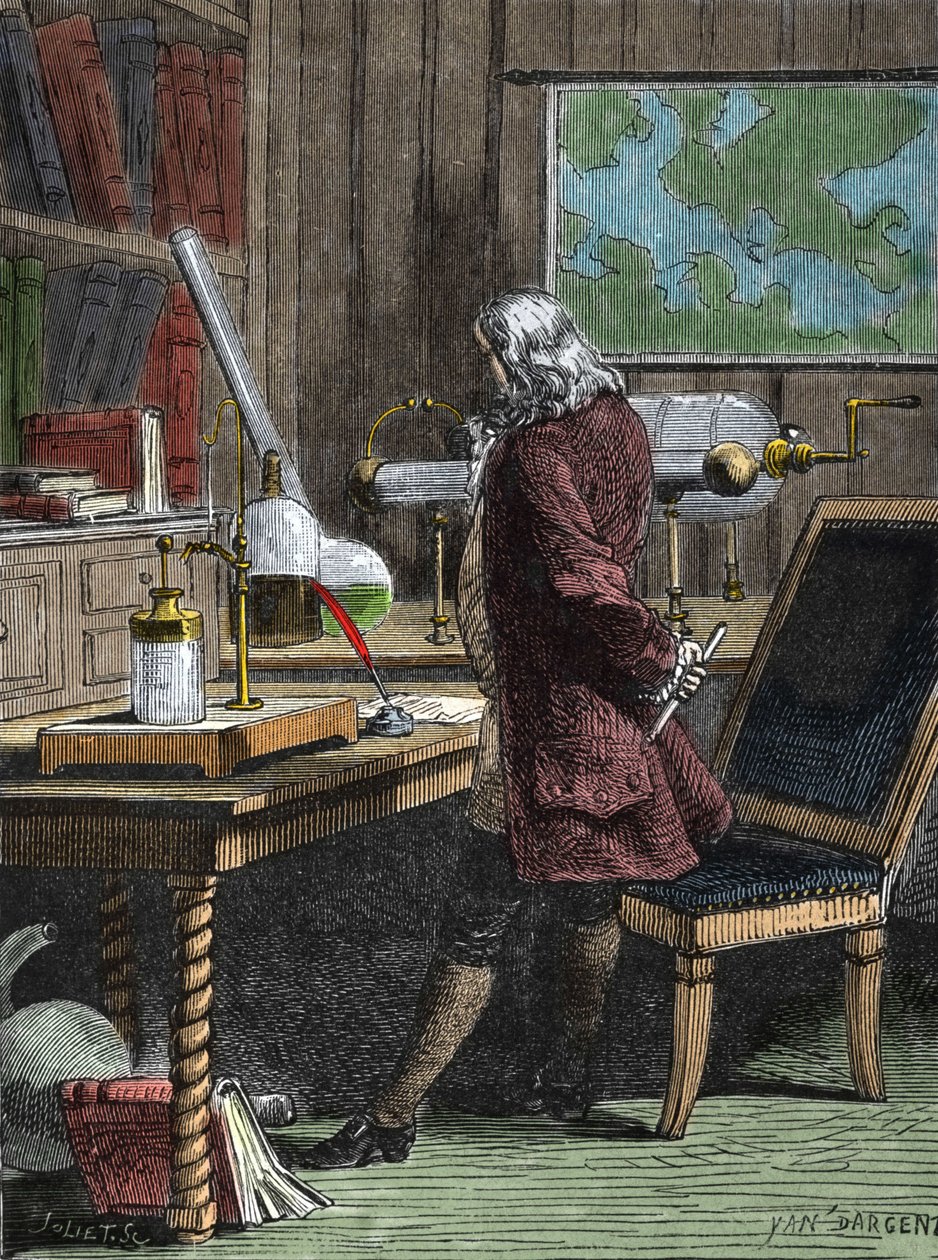 Benjamin Franklin (1706-1790), filosof, fysiker och amerikansk ambassadör i sitt laboratorium i Philadelphia. av Unknown artist