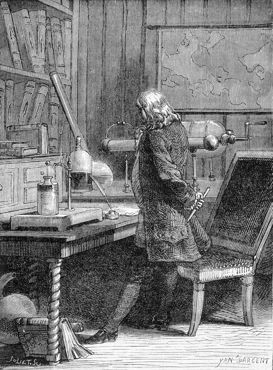 Benjamin Franklin, amerikansk politiker och fysiker (1706-1790) i sitt fysiklaboratorium i Philadelphia - gravyr av Unknown artist