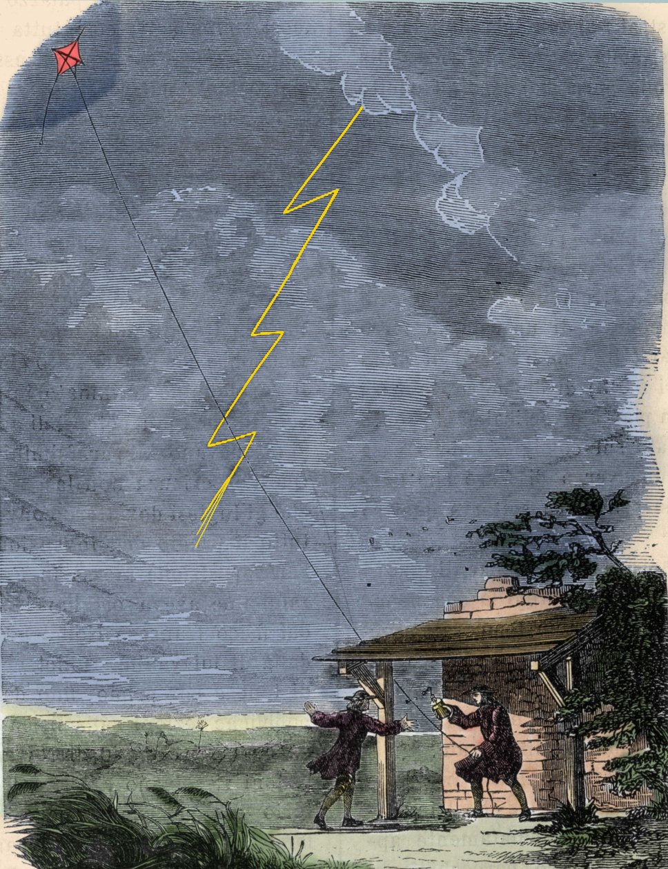 Benjamin Franklin, filosof, fysiker och amerikansk ambassadör, experimenterar med sin blixtledare monterad på en drake. september 1752. av Unknown artist