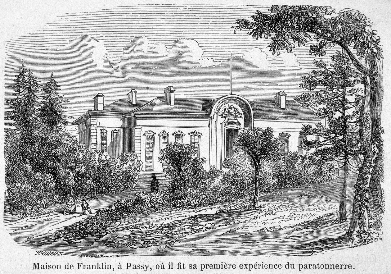 Benjamin Franklins hus i Passy, där han gjorde sin första erfarenhet av åskledare - gravering av Unknown artist