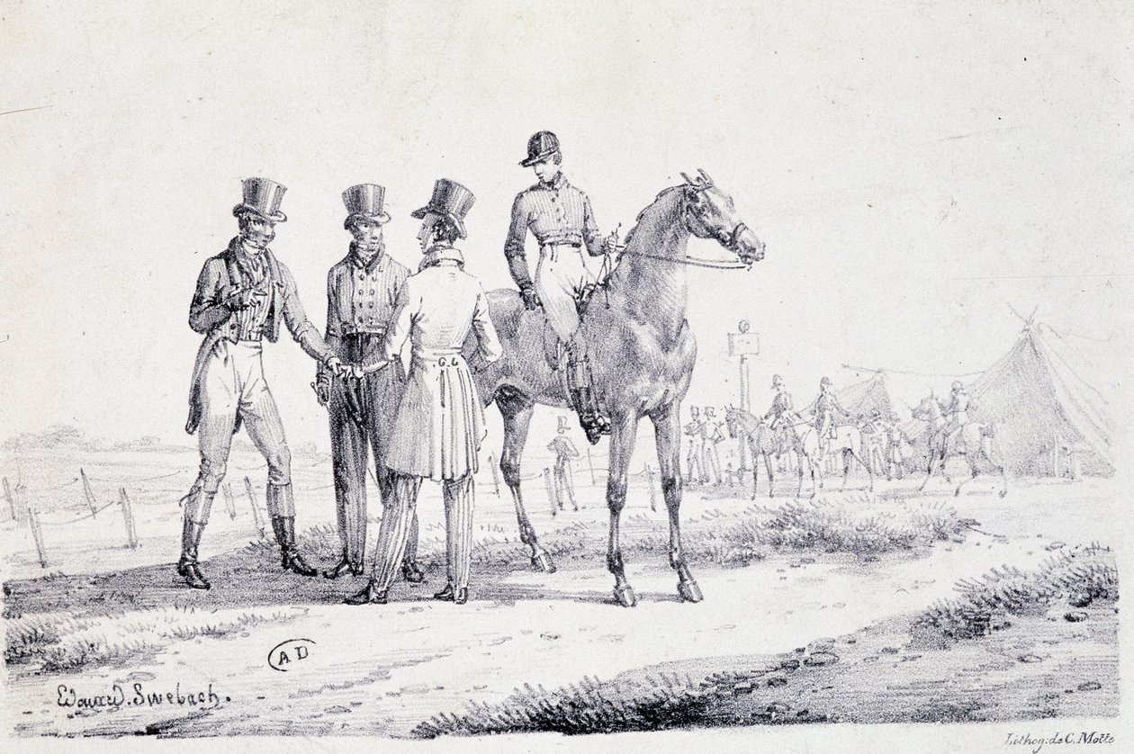 Satsa på kanten av kapplöpningsfältet med en jockey till häst - litografi, deb. 1800-talet av Unknown artist