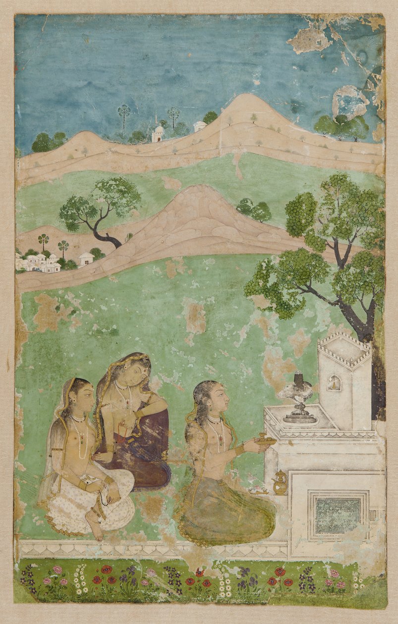 Bhairavi Ragini (ett musikaliskt läge): tre figurer före en helgedom av Unknown artist
