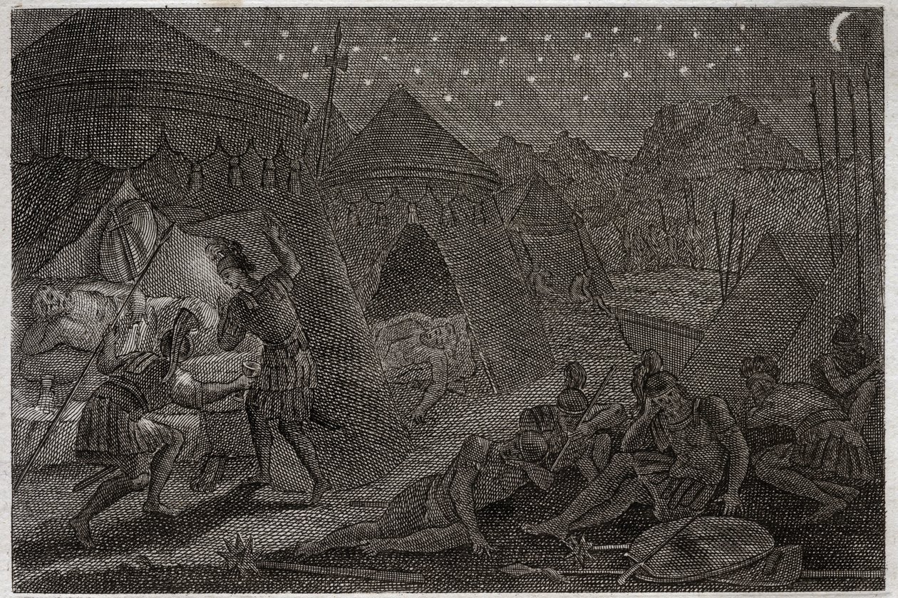 Bibeln från Royaumont, Gamla testamentet: David räddar Saul. David har Saul i sina händer, men han gör honom inte illa. Han tar bara spjutet och sin kopp. Illustration från 1811. av Unknown artist