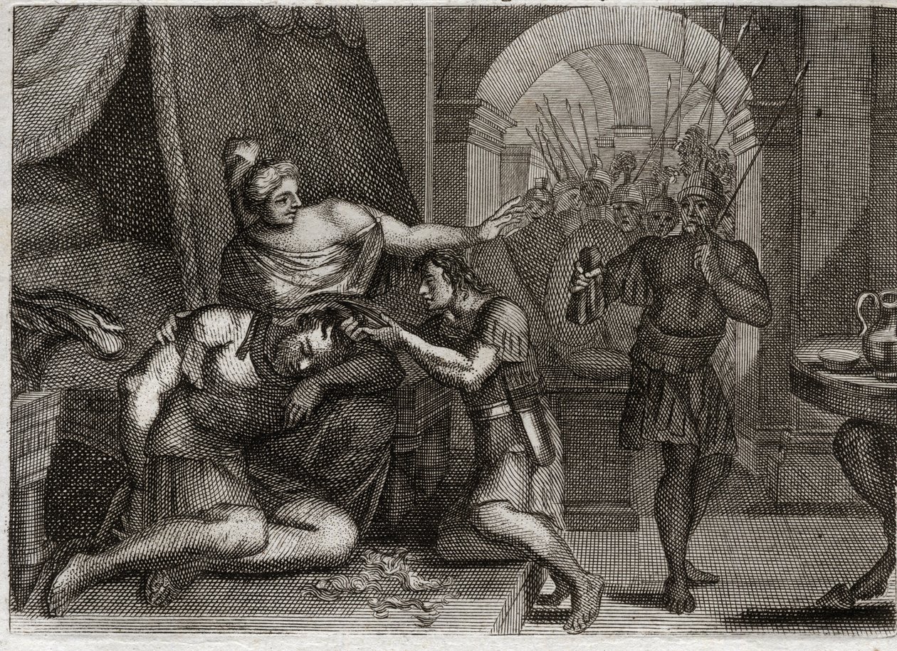 Bible of Royaumont, Gamla testamentet: Simsons död. Samson upptäcker Dalila att hennes styrka fanns i håret. Hon klipper hans hår och för in de filisteiska soldaterna i rummet. Illustration från 1811. av Unknown artist