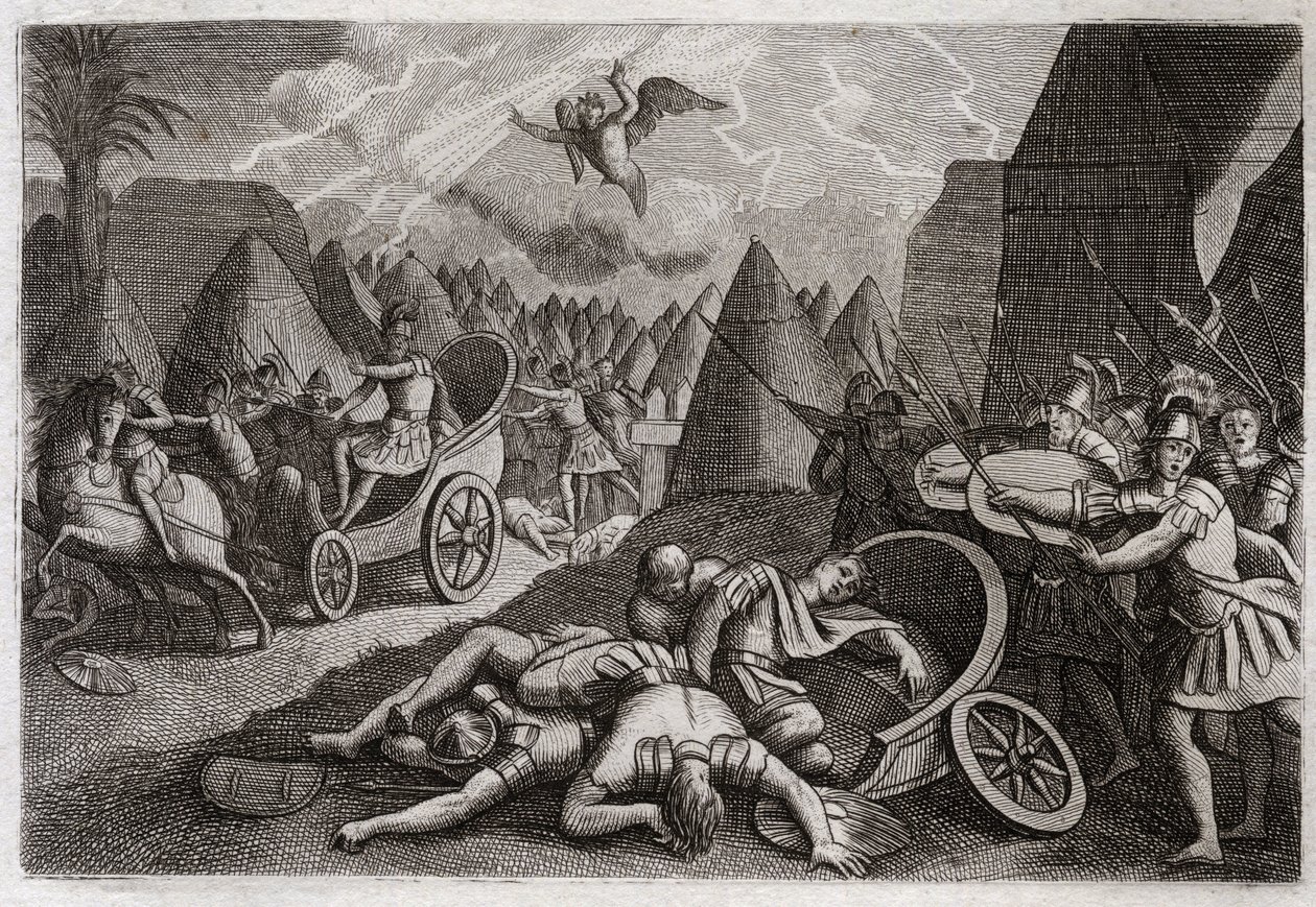 Bibeln från Royaumont, Gamla testamentet: Sanheribs nederlag. Gud besegrade Sanheribs (Sankerib) armé till förmån för kung Hesekia genom en ängel som dödade etthundraåttiofem tusen män på en natt. Illustration från 1811. av Unknown artist
