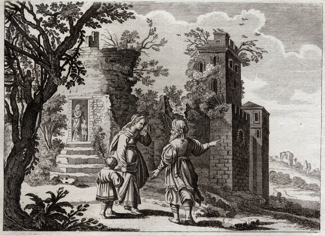 Bibeln från Royaumont, Gamla testamentet: Ismaeljakt. När Sara såg att Ismael, Agars son (Hagar) behandlade den lille Isak illa, bad hon Abraham att skicka tillbaka henne med sin son, för att Isak skulle bli den ende arvtagaren enligt Guds löften. Sjuk av Unknown artist