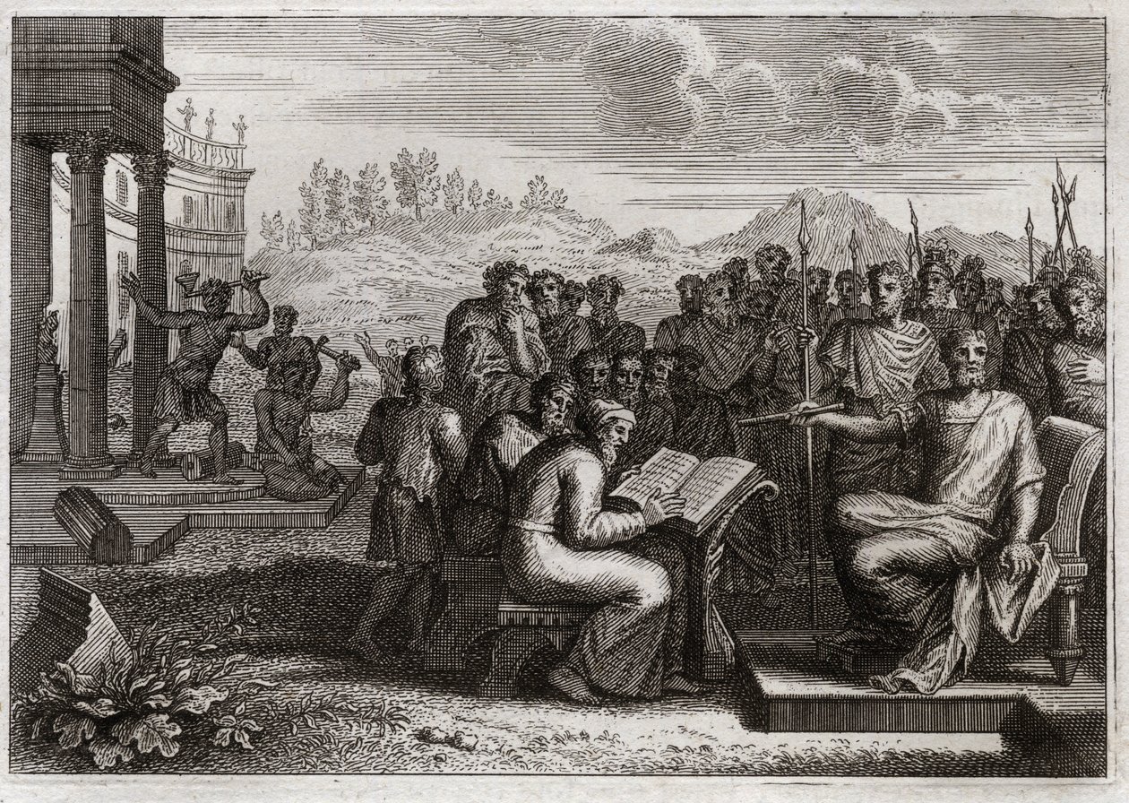 Bibeln från Royaumont, Gamla testamentet: Piete of Josias. Josia, kung av Juda, återupprättar tillbedjan av Gud i sitt rike och förpassar alla kungar sina föregångare i kraft. Illustration från 1811. av Unknown artist