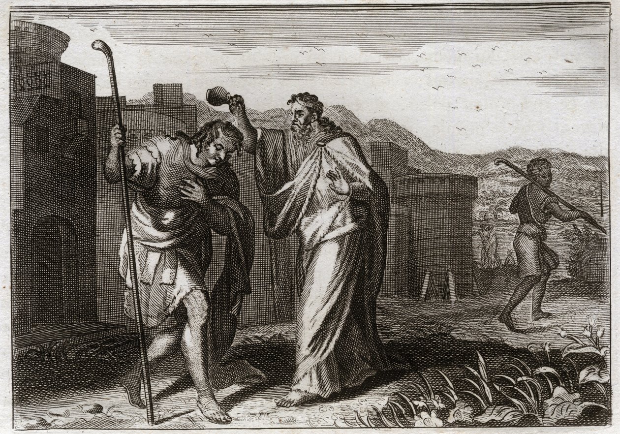 Bible of Royaumont, Gamla testamentet: Saul rite. Samuel, på Guds order, heliga Saul att vara kung av judarna. Illustration från 1811. av Unknown artist