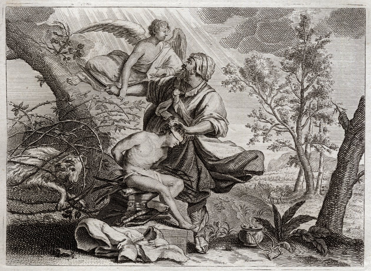 Bibeln från Royaumont, Gamla testamentet: Abrahams offer. En ängel håller Abrahams hand innan hans son Isaks offer. Till vänster kommer den belier Abraham att döda istället. Illustration från 1811. av Unknown artist