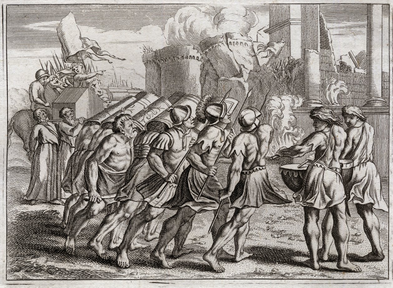 Bibeln från Royaumont, Gamla testamentet: Tagen från Jeriko. Jerikos murar faller till marken till ljudet av basunerna från de präster som föregick Herrens förbundsark. Illustration från 1811. av Unknown artist