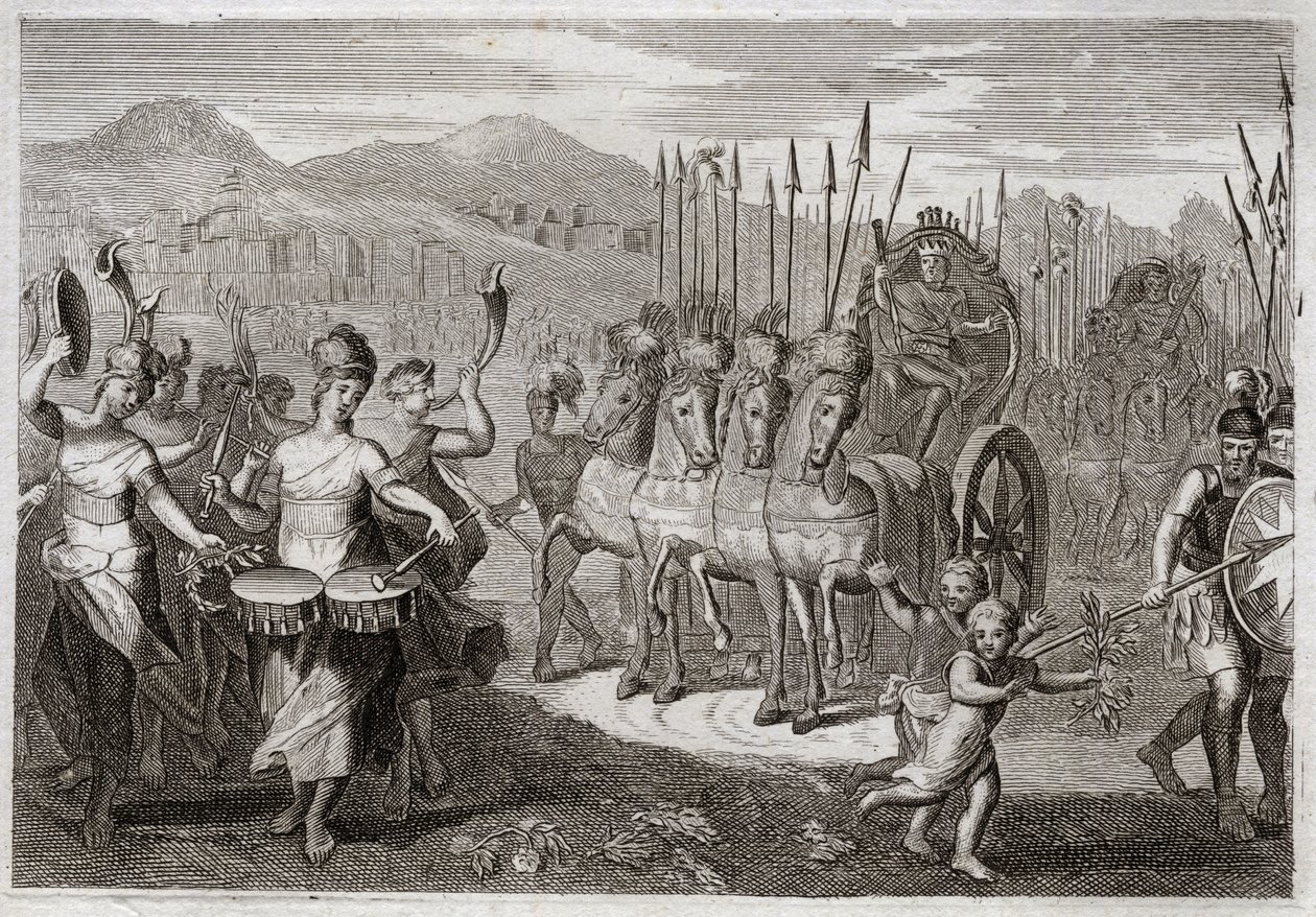 Bibeln från Royaumont, Gamla testamentet: Davids triumf. Efter att David besegrat jätten Goliat gick Israels kvinnor före honom för att hedra hans triumf, med jubel av glädje och ljudet av instrument. Illustration från 1811. av Unknown artist