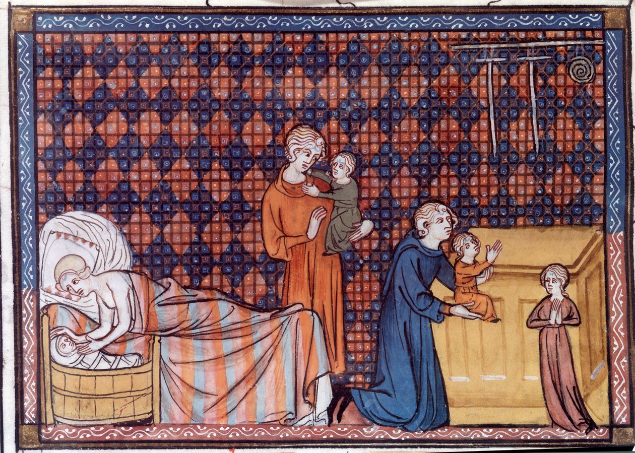 Födelse och utbildning av kungen av Frankrike Ludvig IX eller Saint Louis (1214-1270). Miniatyr från manuskriptet "Life and Miracles of Saint Louis" av William av Saint Pathus av Unknown artist