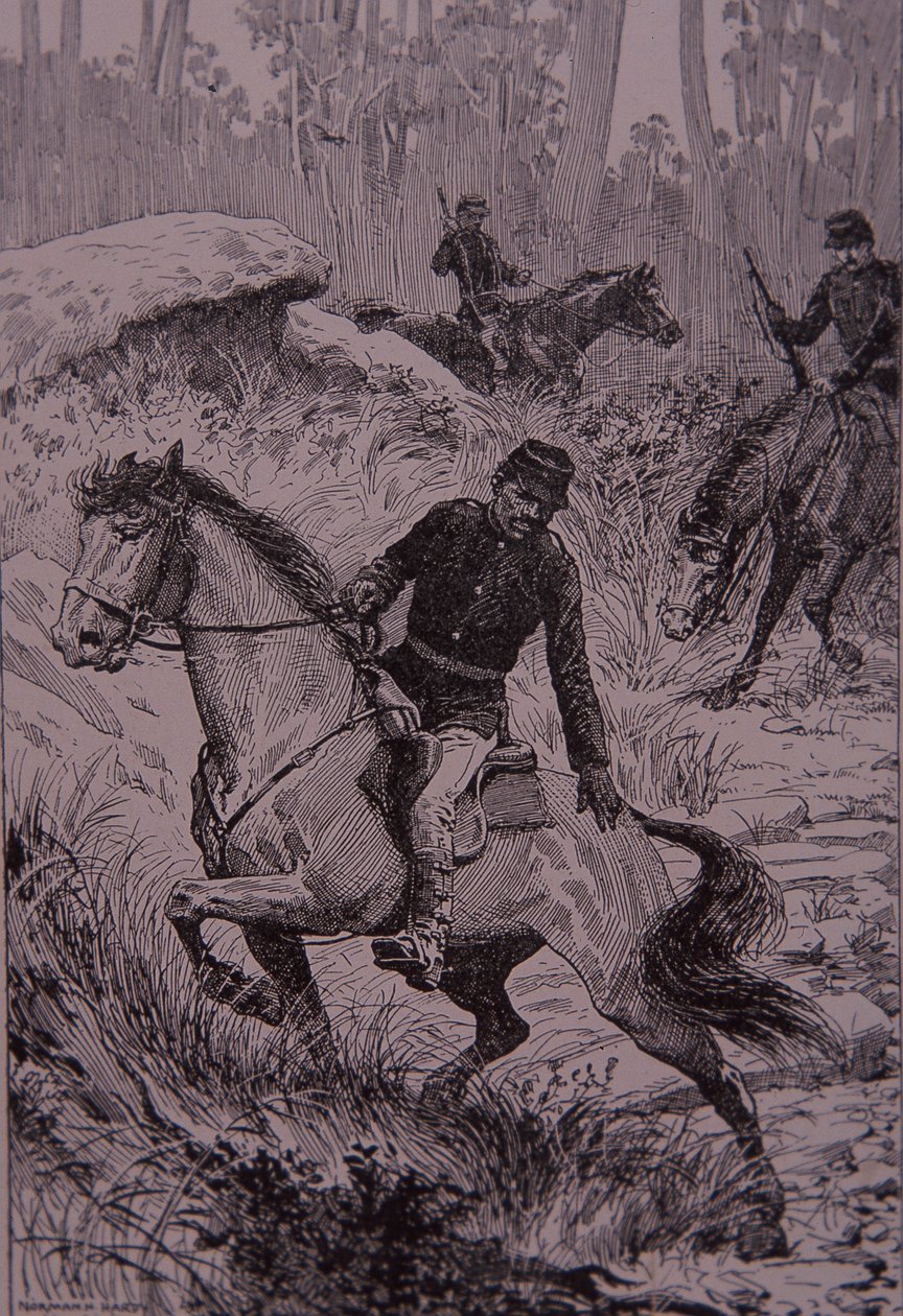 Svarta spårare som jagar bushrangers i Australien (gravyr) av Unknown artist