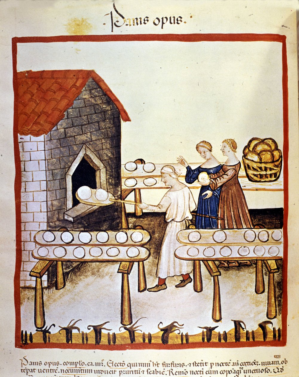 Svart bröd: en bagare på jobbet framför en ugn. Belysning från mjölkning av medicin och diet "" Tacuinum sanitatis"" av Unknown artist