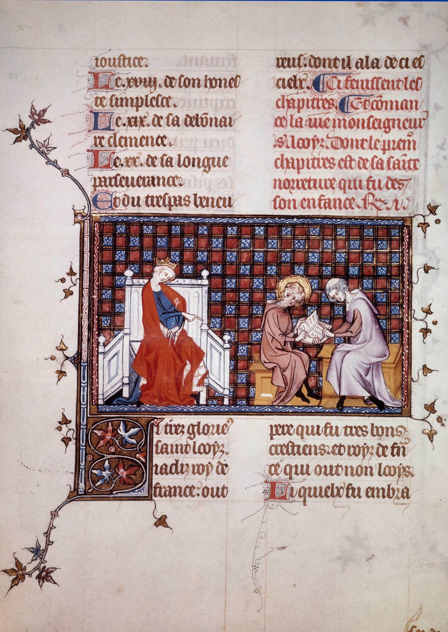 Blanche de Castille, Frankrikes drottning (1188-1252), leder utbildningen av sin son Ludvig IX (1214-1270) (Saint Louis Miniature från ett manuskript "Life and Miracles of Saint Louis" av William of Saint Pathus. 1320. Paris , B.N. av Unknown artist