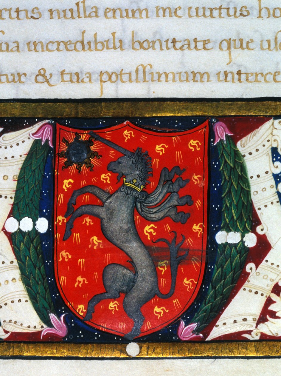 Blazon dekorerar en enhörning, en stjärna på en röd bakgrund. Detalj av en miniatyr. 1300-talet av Unknown artist