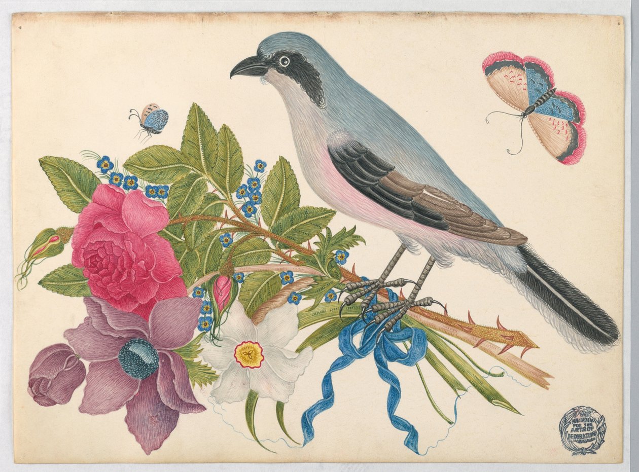 Blå fågel på bukett av rosor och tulpaner, med fjärilar av Unknown artist