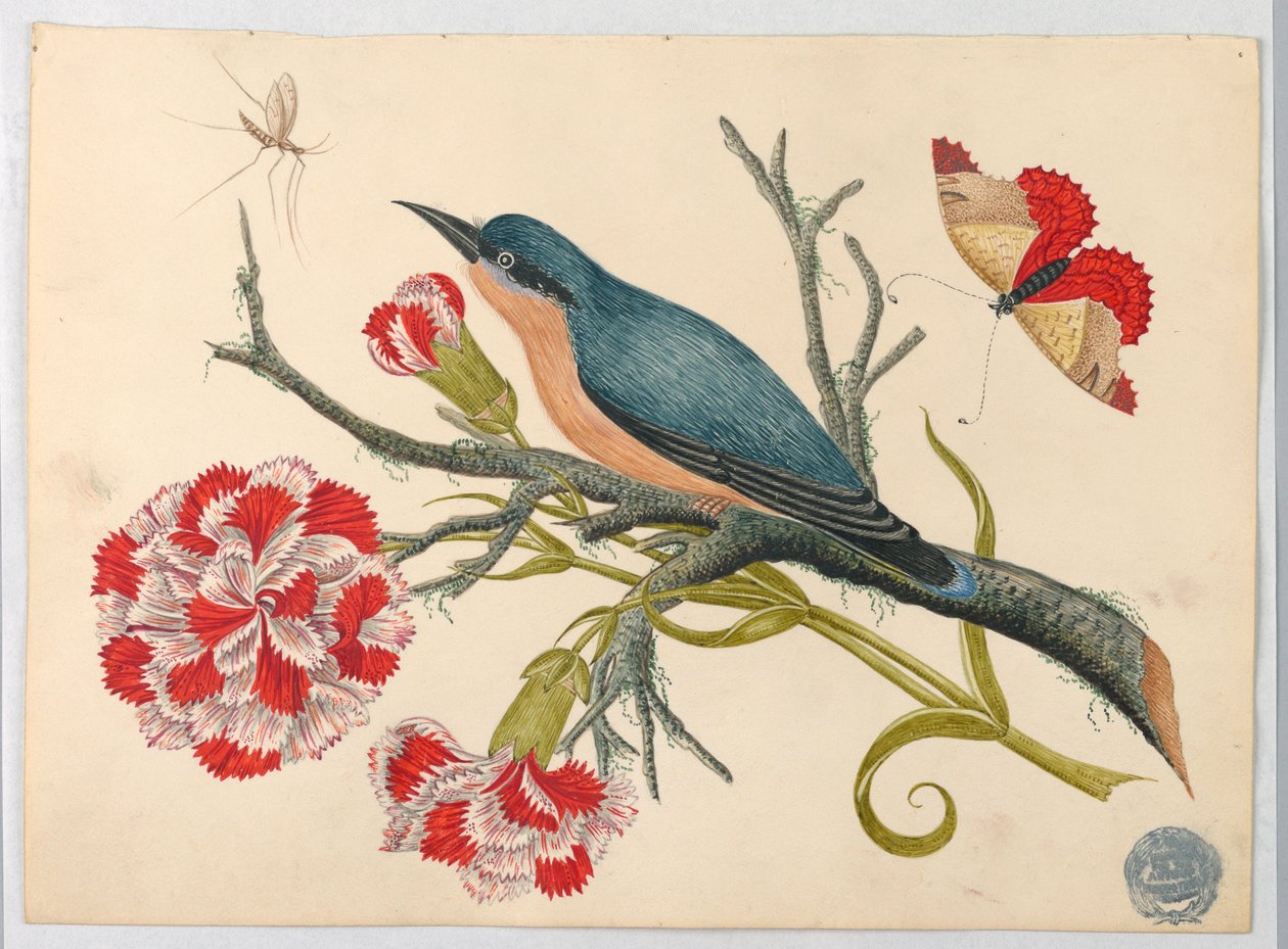 Blå fågel på gren med nejlikor och insekter av Unknown artist
