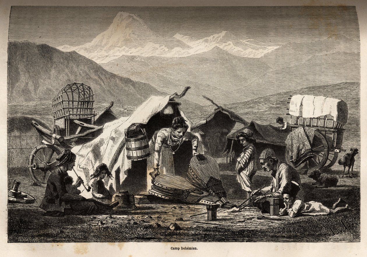 Bohemiskt läger. Gravyr för att illustrera resan i provinserna i Kaukasus, av Basile Vereschaguine, 1864-1865, publicerad i "" Le tour du monde, nouveau journal des voyages", redigerad av Edouard Charton av Unknown artist