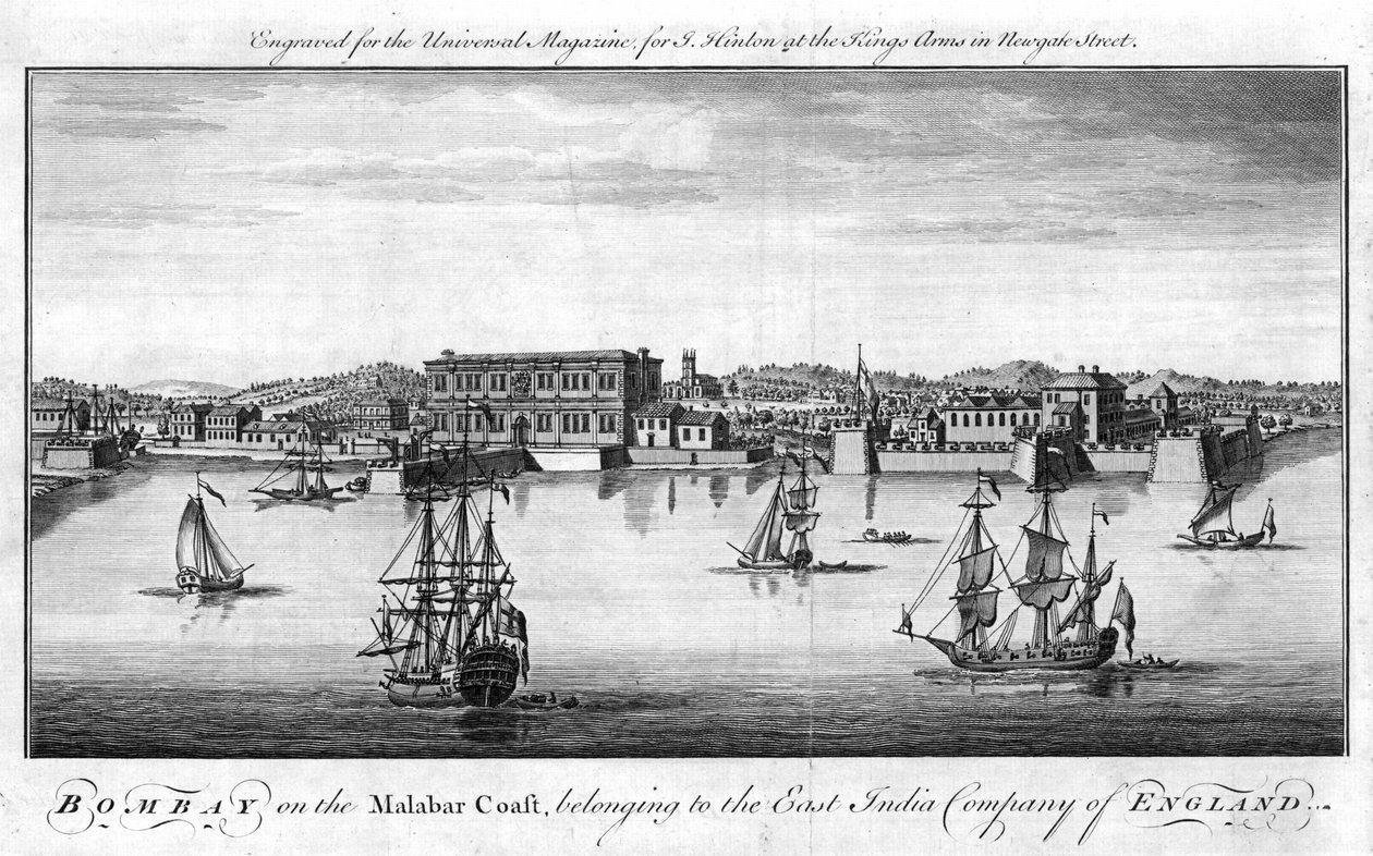 Bombay, East India Company of Englands hamn på Malabarkusten i Indien, med företagets handelsfartyg i förgrunden och lager och byggnader vid kajen bakom. Kopparstick, London av Unknown artist