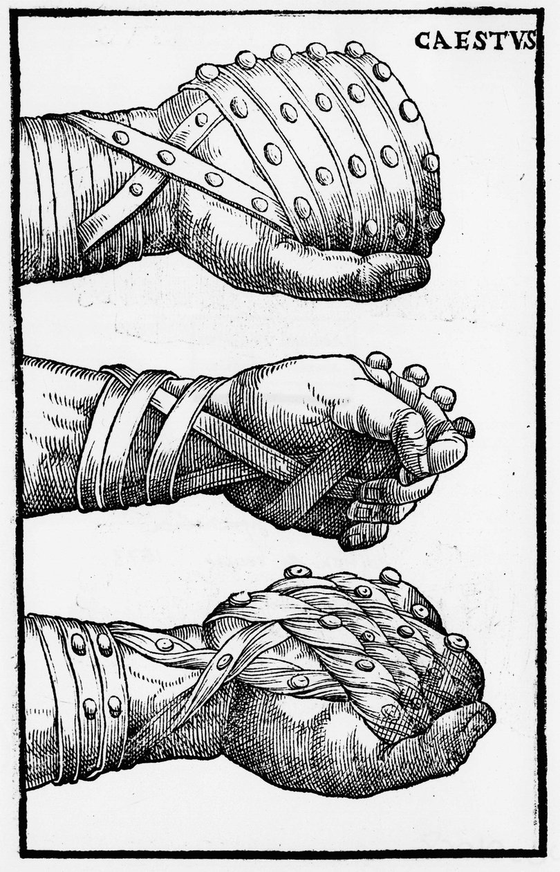 Boxningshandskar - i "Jerome Mercurialis de Arte Gymnastica", Venedig upplaga av Unknown artist