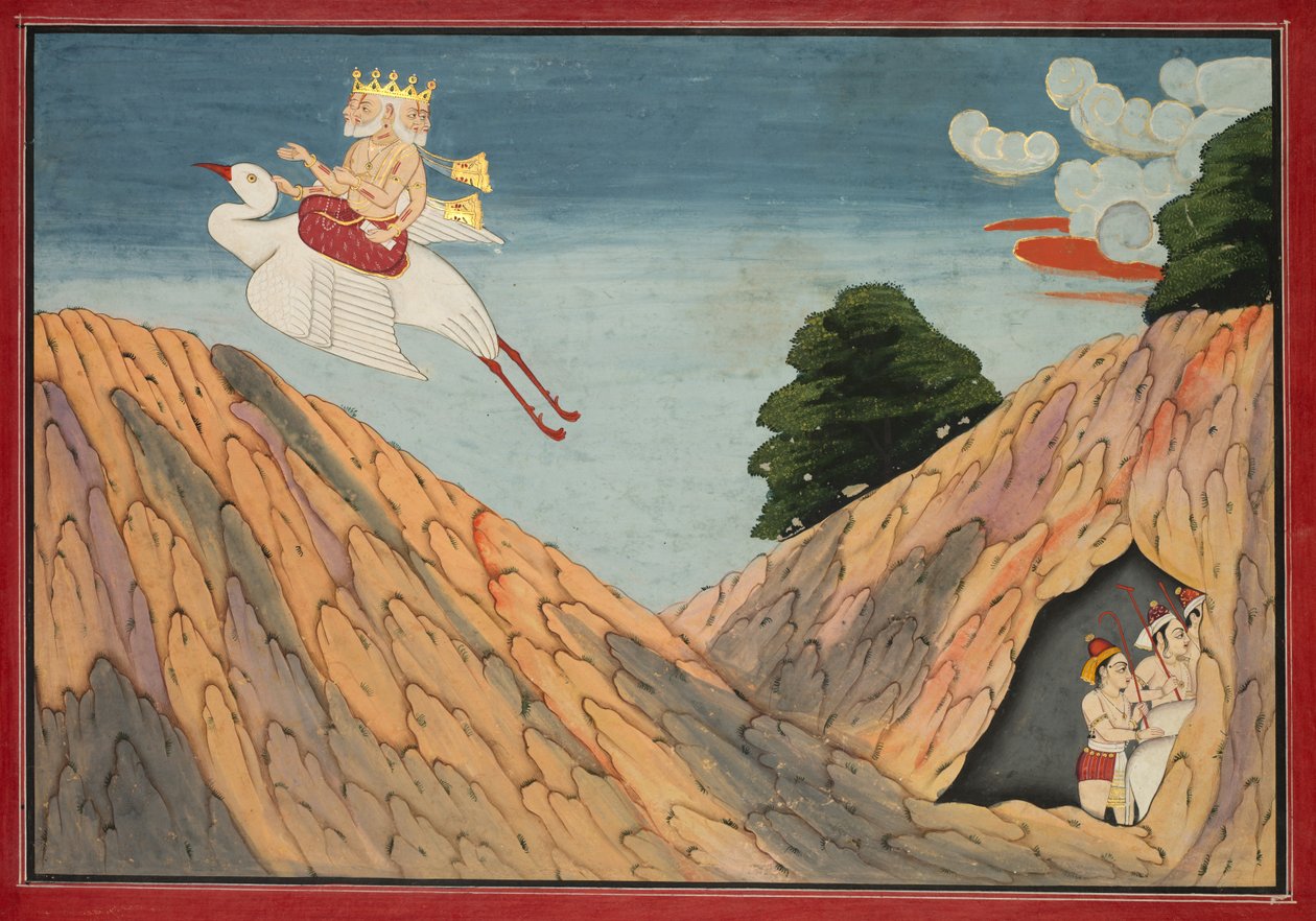 Brahma gömmer koherdarna och kalvarna i grottan, sida från en Bhagavata Purana av Unknown artist