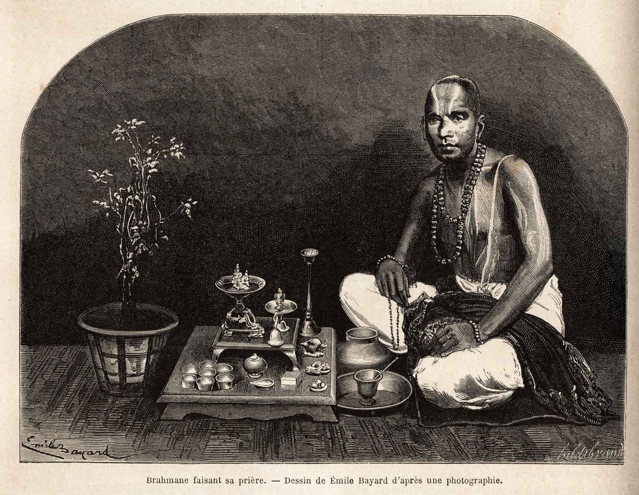 Brahmane knäböjer framför offeraltaret och ber. Gravyr för att illustrera resan i Indiens meridionalprovinser, av Alfred Grandidier, 1862-1864, publicerad i "" le tour du monde", redigerad av Edouard Charton, Hachette, Paris 1869.Selva C av Unknown artist