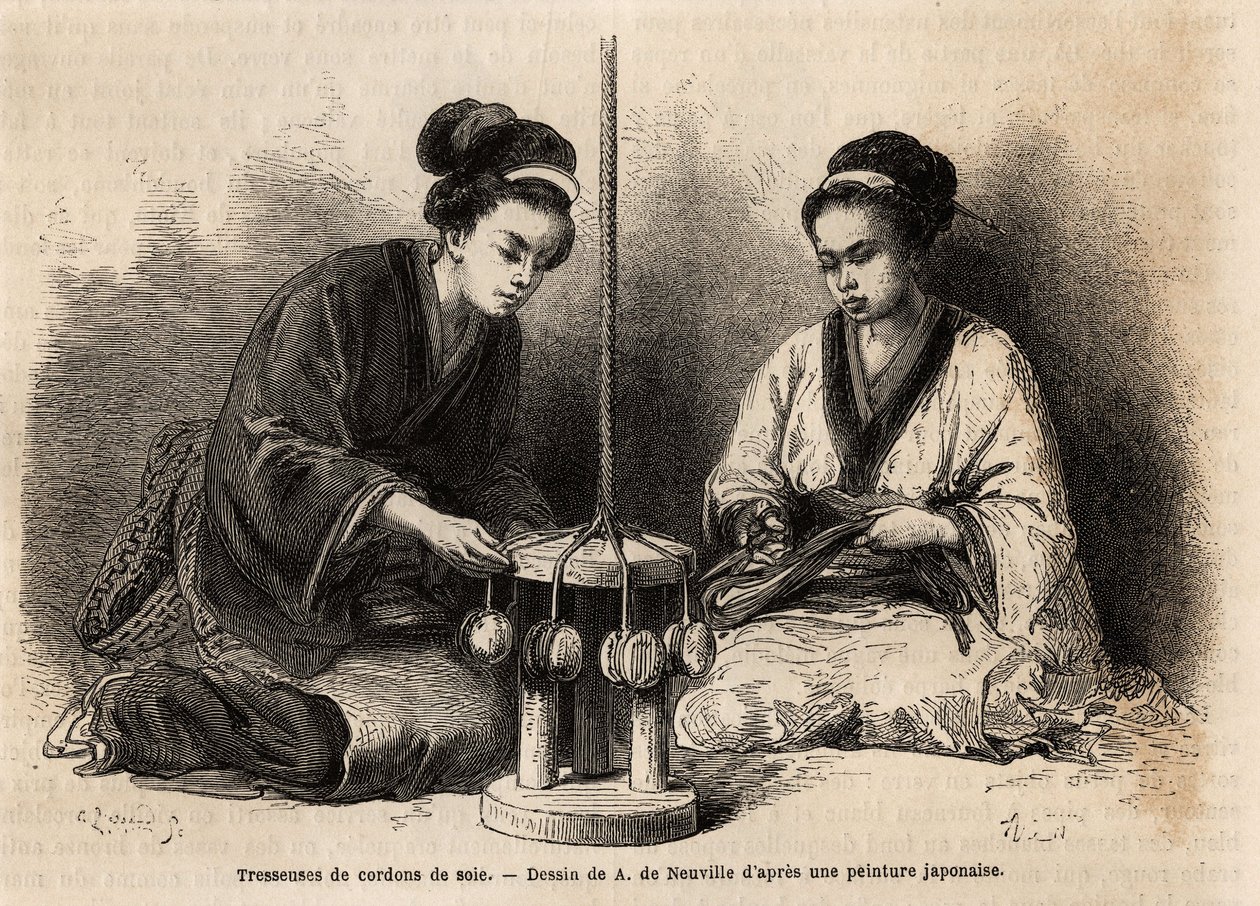 Flätare av sidensnören, i deras verkstad i Yedo (eller Edo, dagens Tokyo); dessa flätor är mycket förlängda eftersom de används för att arrangera och underhålla militära och civila kostymer (japanerna ignorerar knappen och klämman för att knyta kläderna).  av Unknown artist